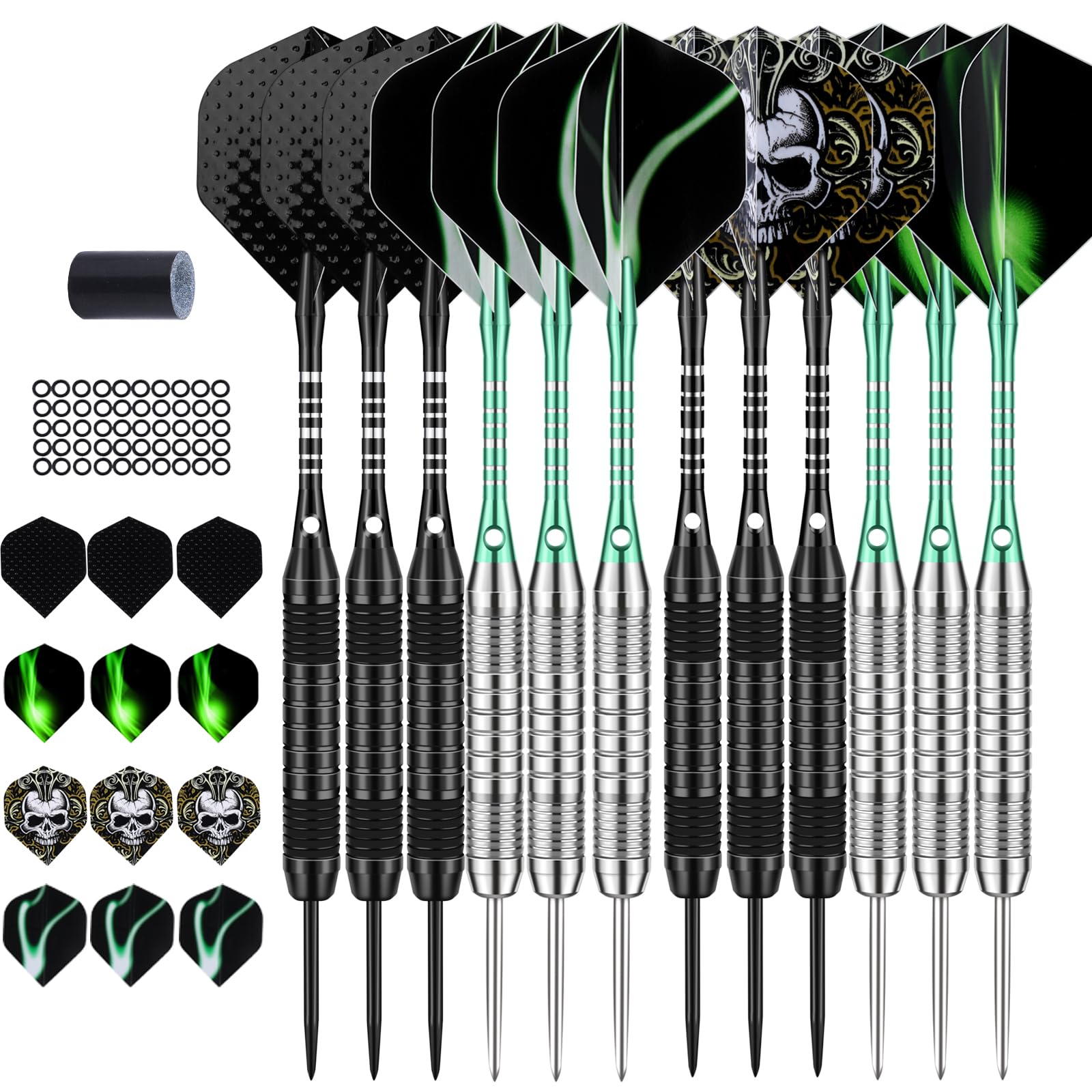 DARTSPACE 12 Pack Steel Tip Darts Set with Black Green Aluminum Shafts 24 Standard Flights Extra 50 Rubber O-Rings 1 Dart Sharpener Metal Tip Darts