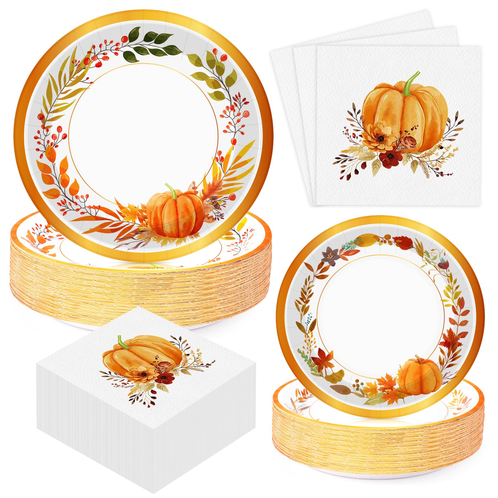 Photo 1 of 200Pcs Thanksgiving Paper Plates and Napkins Serve 50, Disposable Thanksgiving Dinnerware Set, Watercolor Pumpkin Flower Wreath Plate, Fall Themed Plates and Napkins for Autumn Harvest Party Supplies