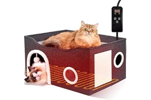 HEEYOO Indoor Heated Cat House, Adjustable Temperature Cat Heating Bed with Timer and Chew Resistant Cord, Large Cat House with Heating Pad for Small Medium and Large Cats