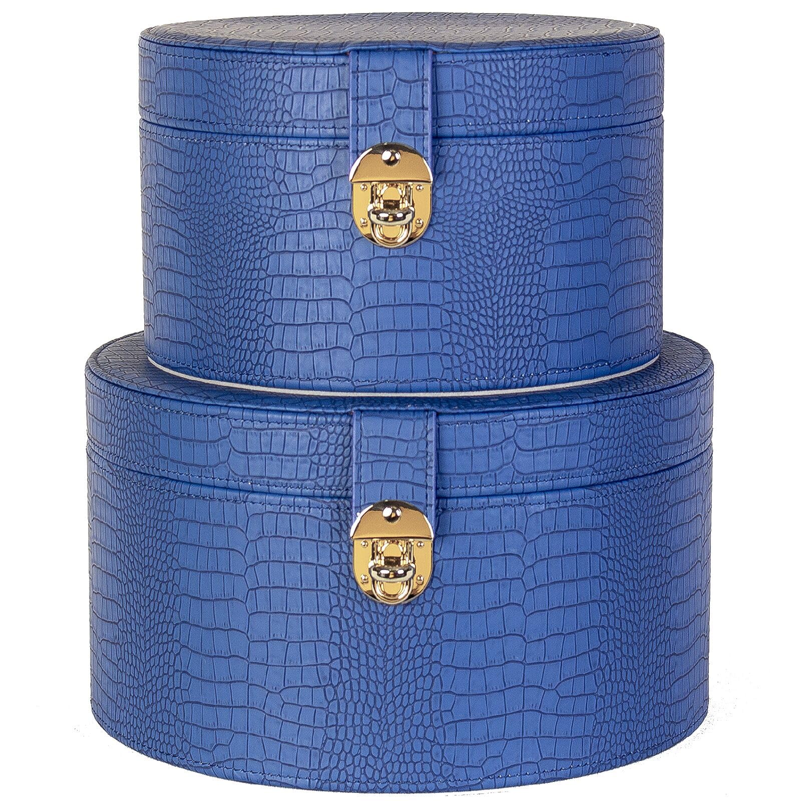 Photo 1 of ELPMD Large Leathe Decorative Boxes Set of 2 Round Hat Box Bin Basket with Lid for Shelf Coffee Table Storage Remotes Modern Home Decor (royalblue)