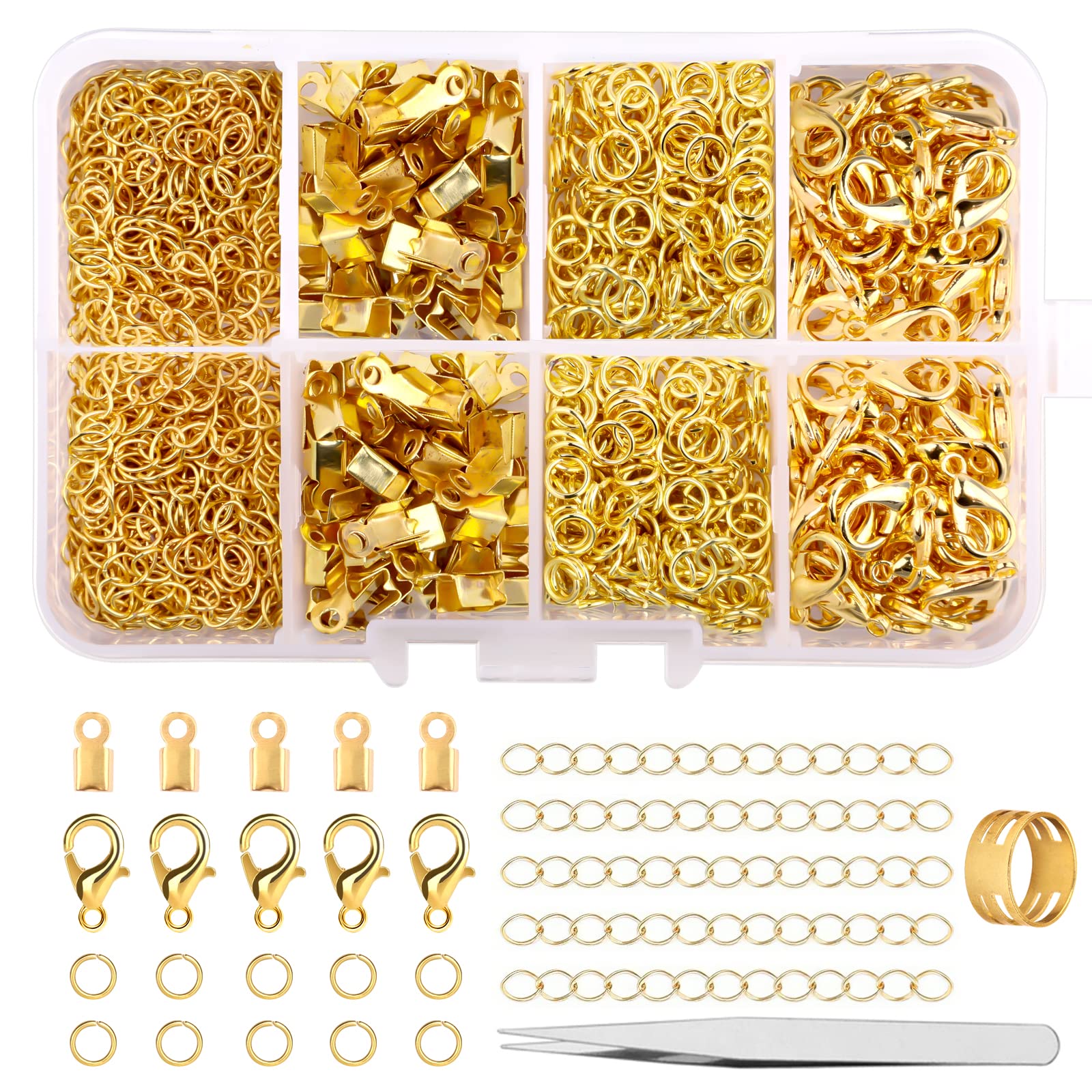 300 Pcs Jewellery Clasps Set, with Lobster Clasps Jump Rings, Crimp Ends, Chain Extender, Jump Ring Opener and Tweezer, Bracelet Clasps Necklace Clasps for Jewellery Making DIY Craft (Gold)