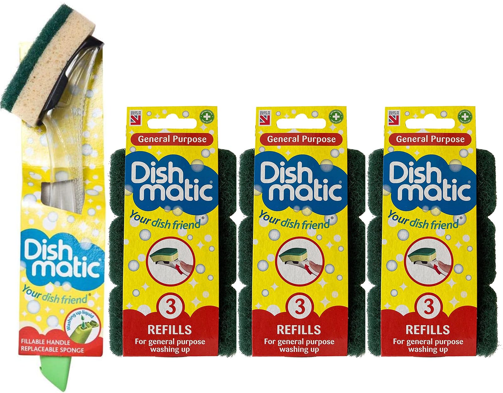 Fillable Washing up Brush and Sponge - Easy Grip Dish Cleaner - with 9X General Purpose Sponge Refills