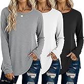 Riyiper 3 Pack Women's Long Sleeve Shirts Crew Neck Curved Hem Tunic Side Split Tops Loose Basic Tee Casual Sweatshirt