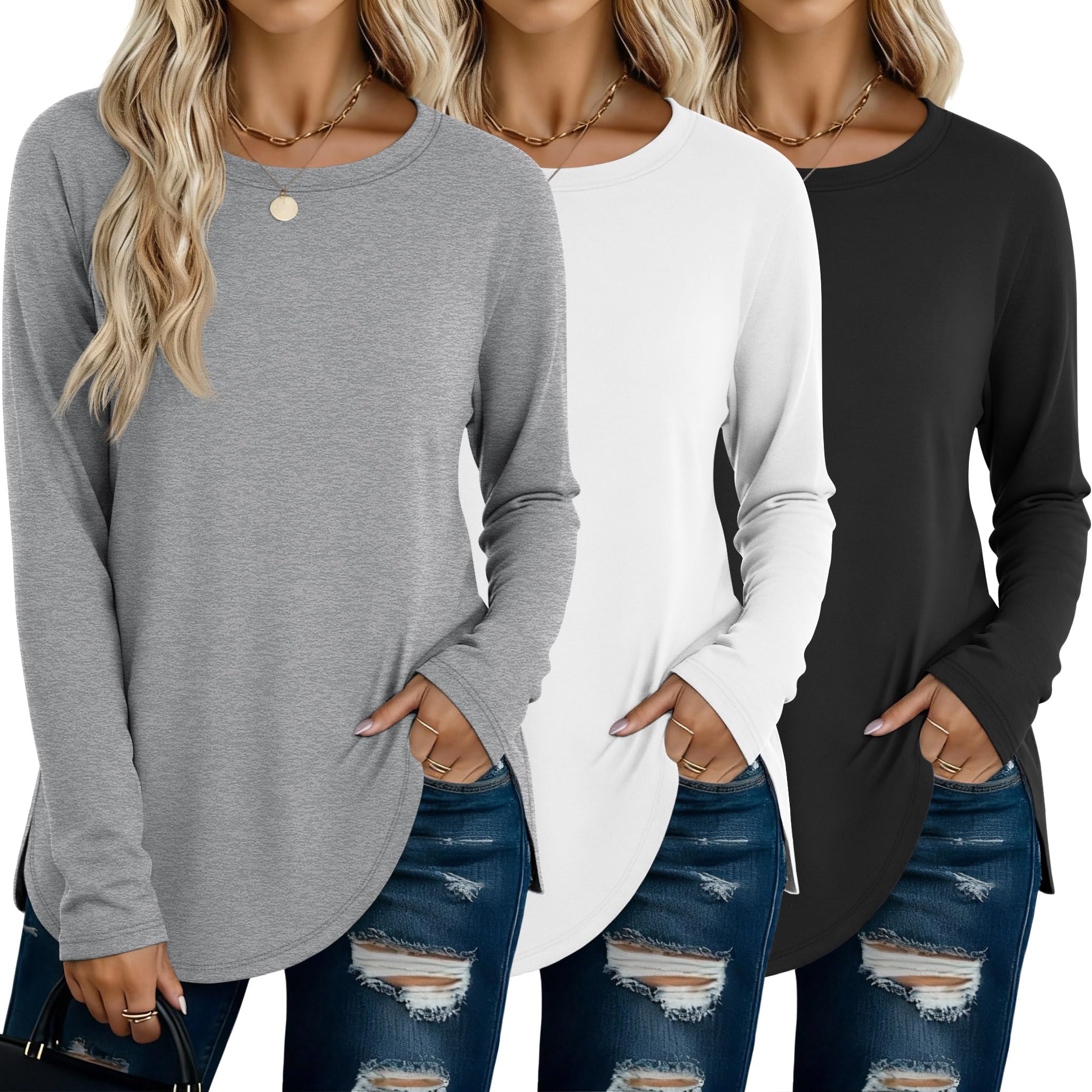 Photo 1 of **ONLY ONE** Riyiper 3 Pack Women's Long Sleeve Shirts Crew Neck Curved Hem Tunic Side Split Tops Loose Basic Tee Casual Sweatshirt(Grey, White, Black,Large)