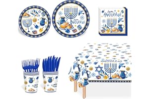 HUKALW Hanukkah Party Plates Supplies, Hanukkah Party Tableware Decorations Starfish Coral Disposable Paper Plates Tablecloth Cups Napkins Forks for Jewish Party, Serves 24