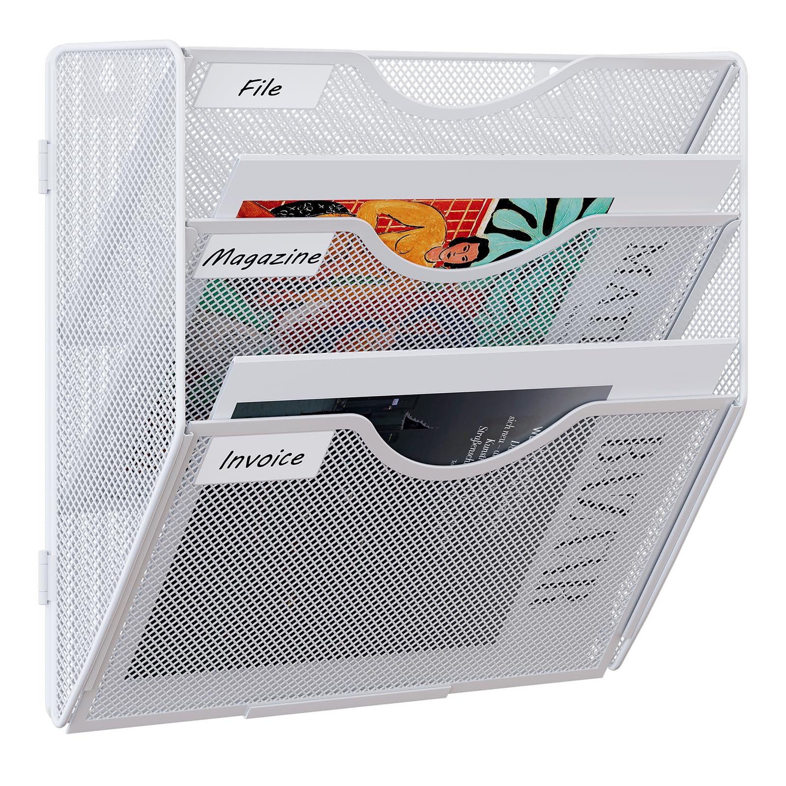 EasyPAG 3 Tier A4 Mesh in Tray Assemble Wall Pocket File Holder Hanging Mail Organiser Magazine Storage Rack,White