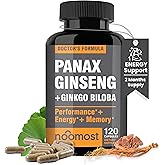 NooMost Authentic Korean Red Panax Ginseng + Ginkgo Biloba, 120 Vegan Capsules, Ginseng Root Extract Powder 1000mg (10% Ginsenosides) + Gingko Biloba 60mg, Energy and Focus Pills for Men and Women