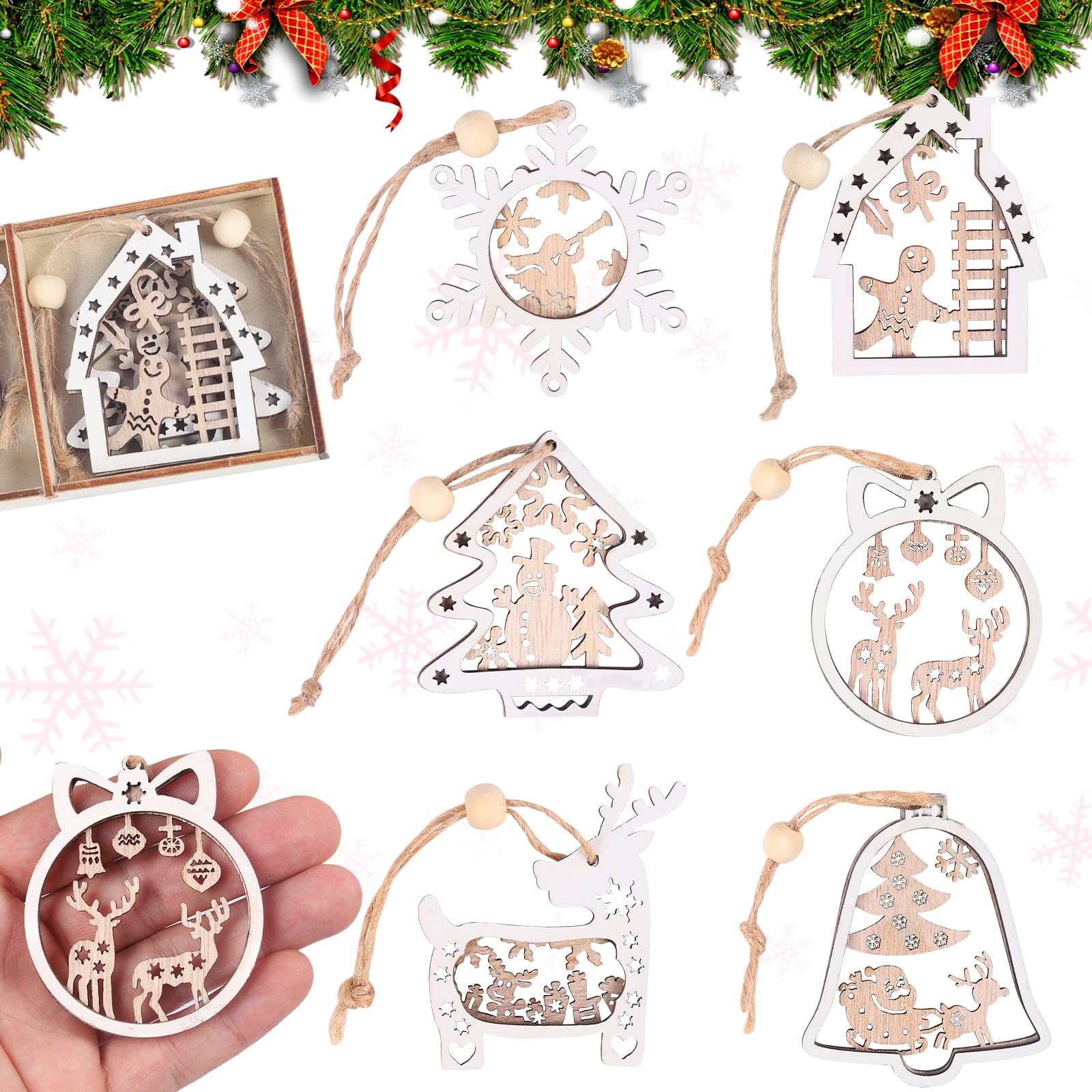 Norvens Wooden Ornaments 6 Pieces - Hollow Carved Elk and Snowflake Hanging Decorations for Christmas Tree