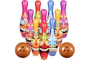 Harrycle 12 Pcs Tropical Hawaiian Luau Party Games for Kids Toddlers Adults Jumbo Giant Large Big Inflatable PVC Bowling Set Tiki Pins & Coconut Balls for Summer Pool Activities Birthday Gifts
