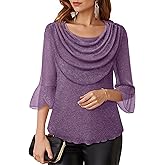 Lotusmile Blouses for Women Dressy Casual 3/4 Sleeve Cowl Neck Sparkly Tops Cocktail Shirts for Evening Party