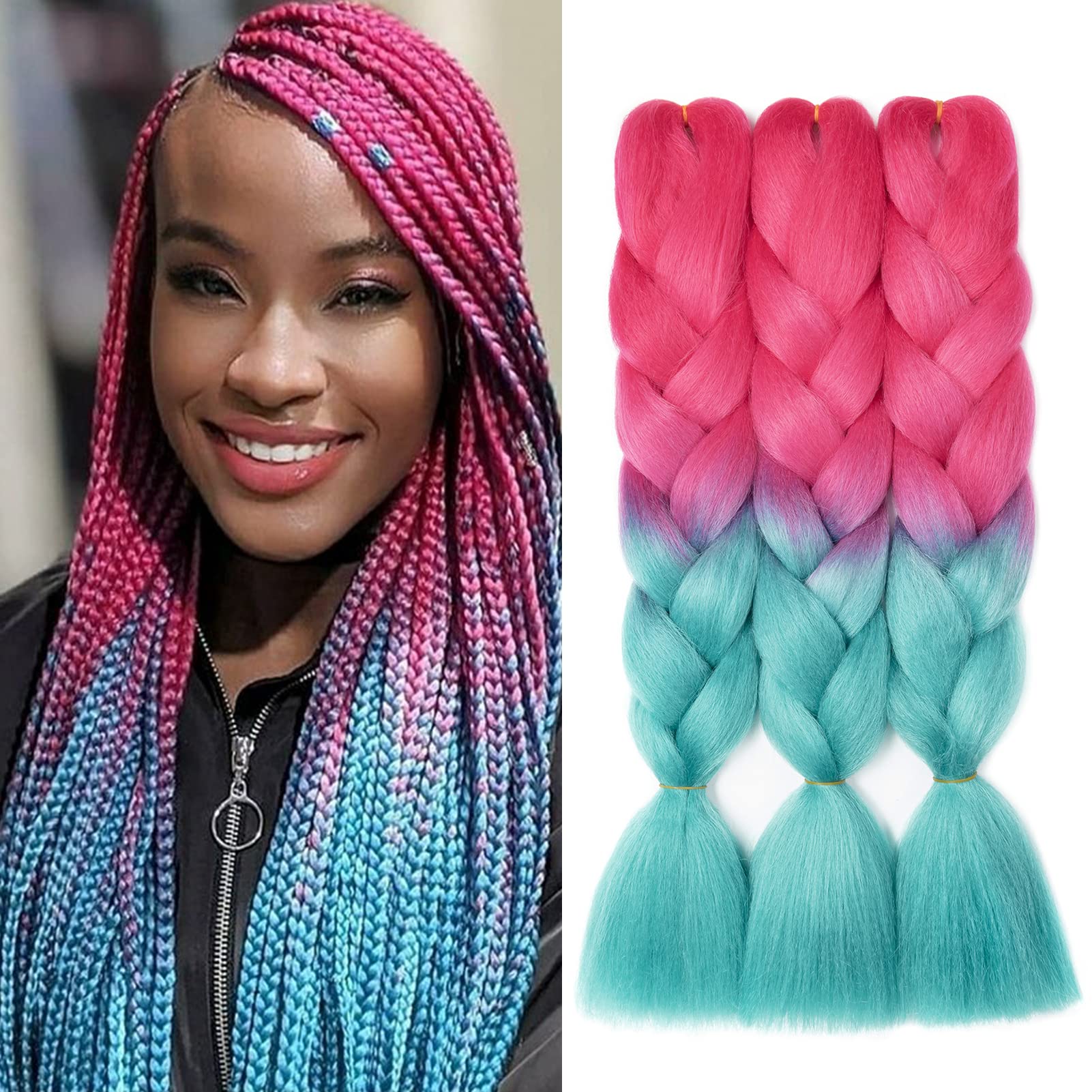 Gairyan Braiding Hair Extensions Ombre Jumbo Braids Synthetic Hair 3 Packs 24 inches 300g Coloured Hair for Braiding Extensions Box Braids Crochet Twist (Rose Red-Lake Blue) โ image 1