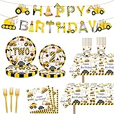 118pcs Construction 2nd Birthday Decor Construction Two Years Old Paper Dinner Plates Napkins Forks Cups Tablecloth Banner Dinnerware for Dump Truck Theme 2nd Bday Party Supplies Decorations