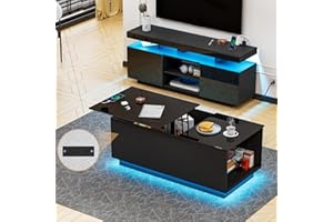 HOMMPA LED Lift Top Coffee Table and TV Stand Set of 2,Modern LED Entertainment Center with Charging Station for up to 70" TV, Coffee Table with Hidden Compartment for Living Room Home Office Black