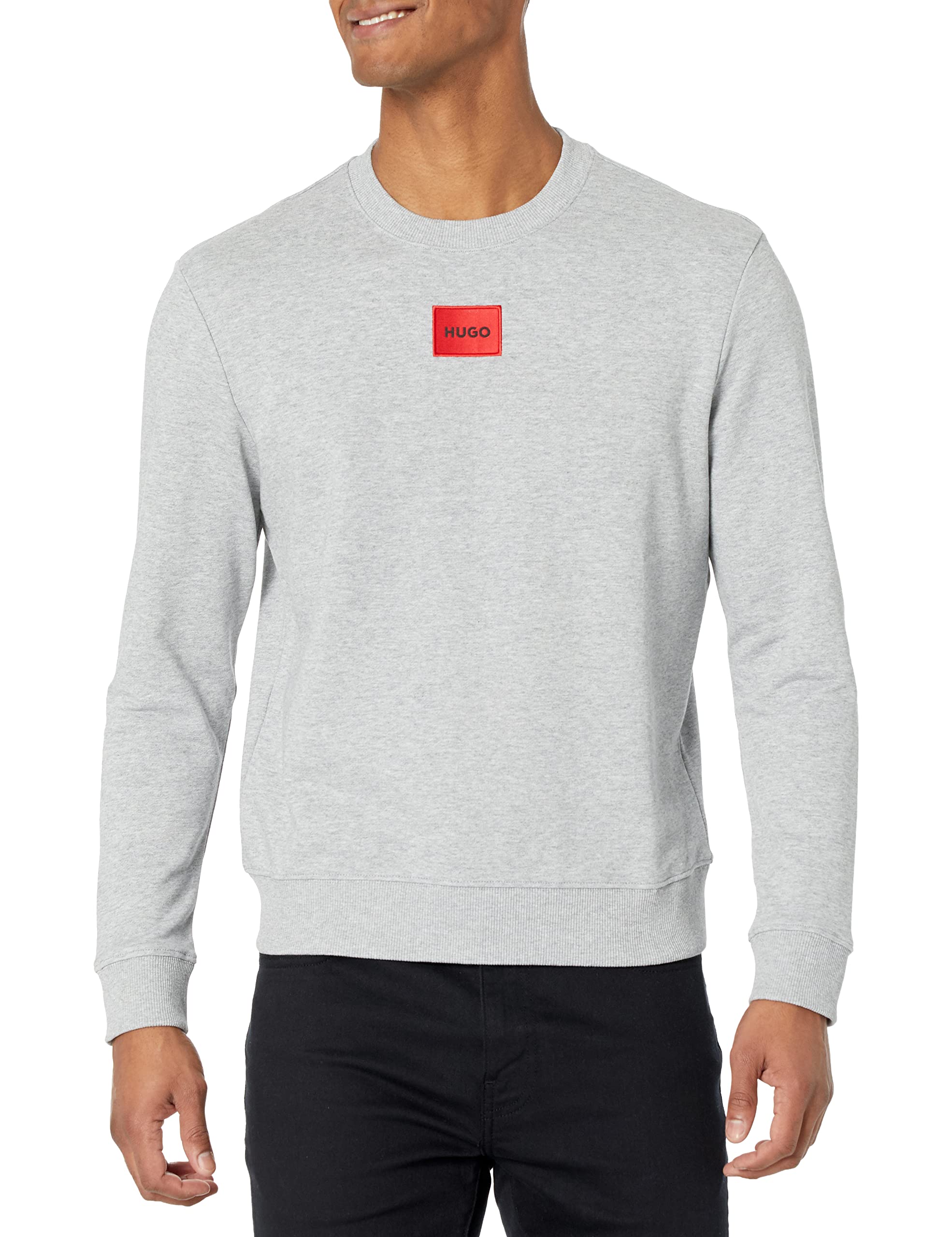 HUGO Mens Regular Fit Square Logo Jersey Sweatshirt Pullover Sweater, Asphault Grey, Medium US