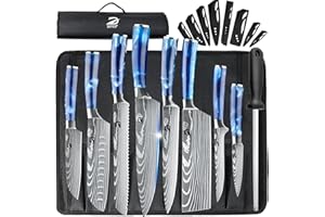 Dfito Knife Set, 9 Pieces Japanese Knife Set with Roll Bag, High Carbon Stainless Steel Professional Chef Knife Set with Blue