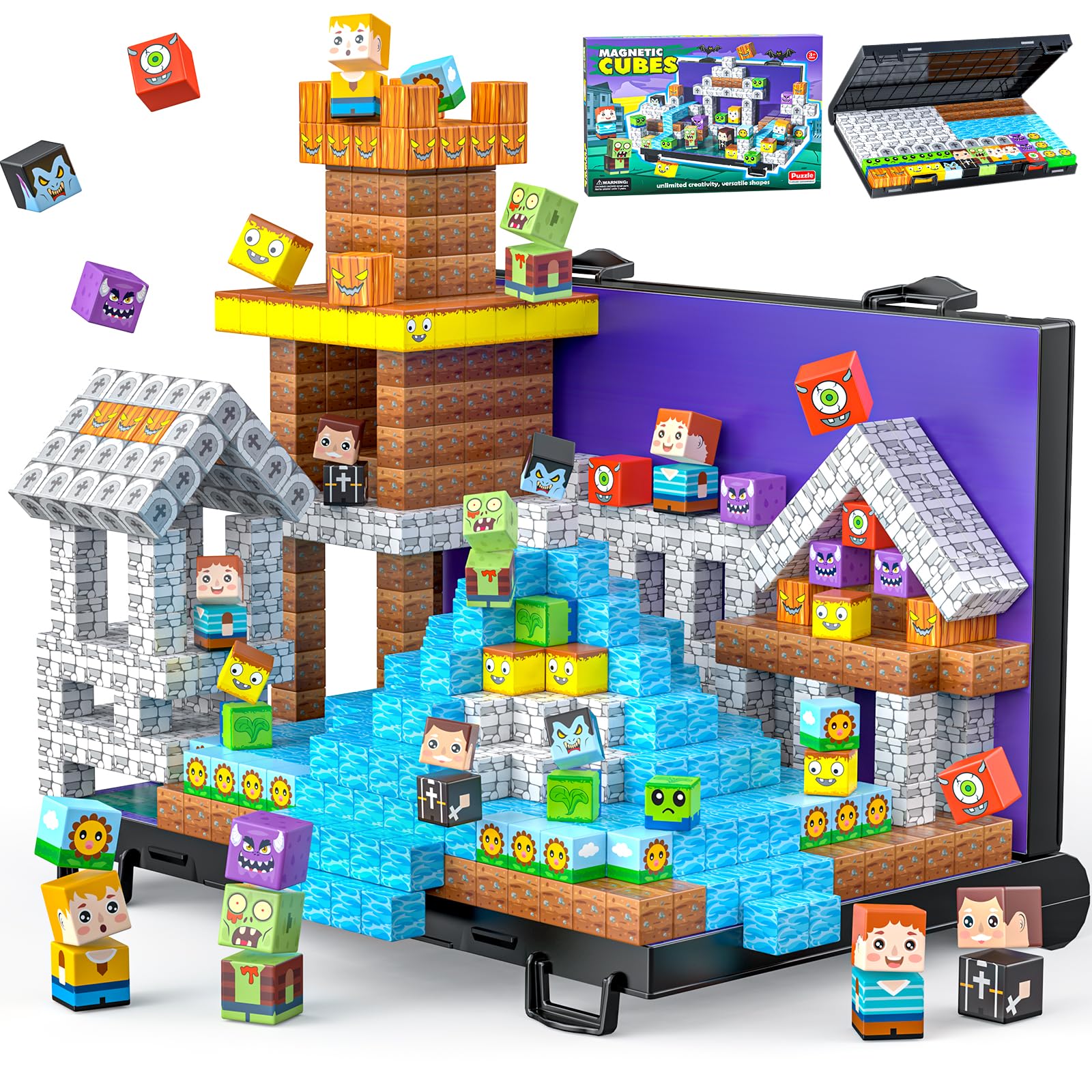 Magnetic Building Blocks, 84PCS Magnetic Block Cubes Tile with Foldable Magnet Board, Creative 3D Building Toys Gifts Game for Boys Kids Toddlers Age 3 4 5 6 7 8 10 Play