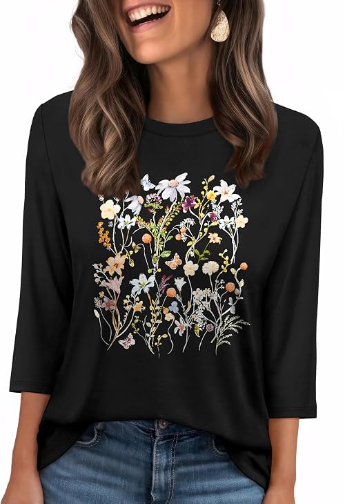 WIHOLL Ladies Tops for Women Blouses 3/4 Sleeve T Shirts for Women UK Casual Loose Fit Size 10-12 Floral Print Black