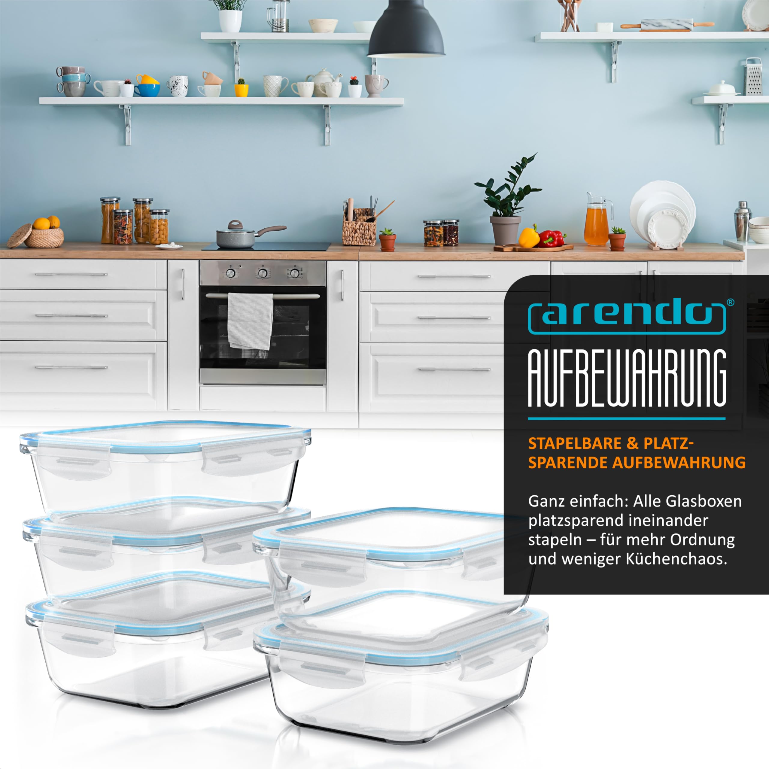 Arendo - Glas Lunchboxen Frischhaltedosen für Lebensmittel mit Deckel luftdicht - 5er Set - 1050 ml - für Mikrowelle Ofen Gefrierschrank - Spülmaschinen geeignet - Vorratsdosen Meal Prep Boxen Set 5