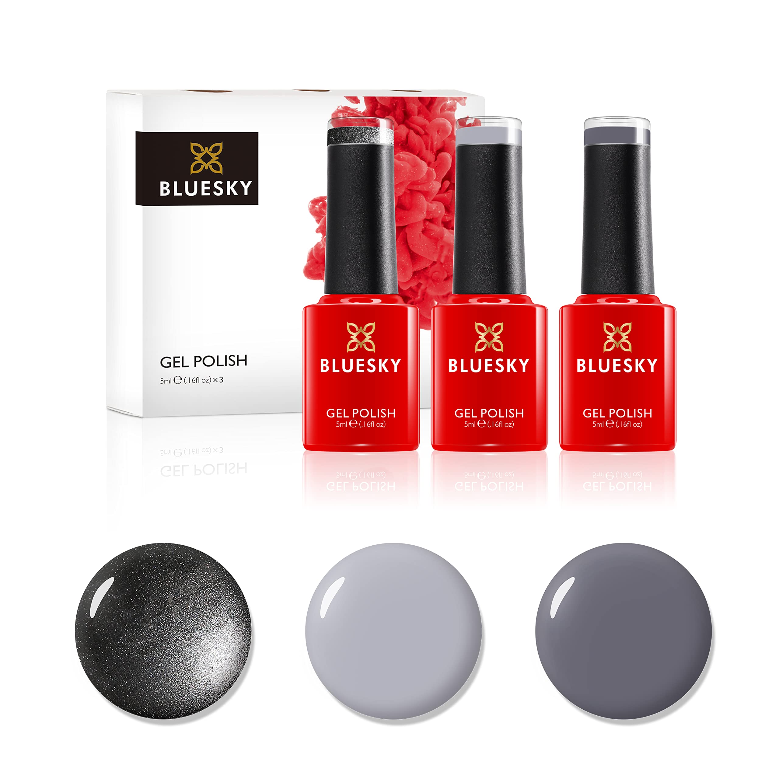 Bluesky Gel Nail Polish Set, Shades Of grey, Mr Grey Dc085, Quiet Dc075, Shiny Asphalt A022, 3 x 5 ml, Silver, Pastel, Nude (Requires Curing Under UV or LED Lamp)