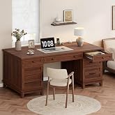 Garvee 60" Wooden Home Office Desk with File Drawers, Executive Desk with Adjustable Cabinet, Farmhouse Wood Desk with Power Outlet, Distressed Study and Work Table, Rustic Brown