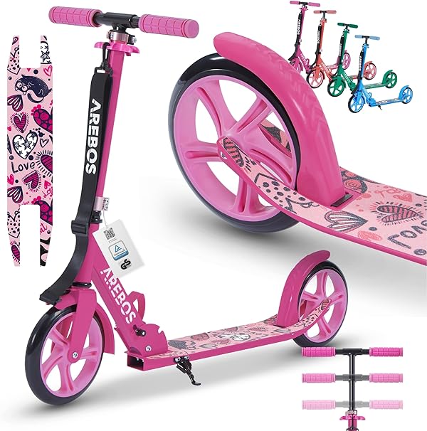 Arebos Cityroller Tretroller Scooter höhenverstellbar | klappbar | inkl. Traggurt | XXL Räder | Tritt-Bremse | für Kinder und Erwachsene | bis 100kg belastbar | Kickroller | Kickscooter