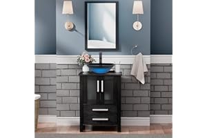 UEV 24" Black Bathroom Vanity with Tempered Glass Vessel Sink, Faucet and high-Definition Mirror Combo, Pop Up Drain and 30% Water-Saving Design, Soft Closing Drawers/Doors (A04)