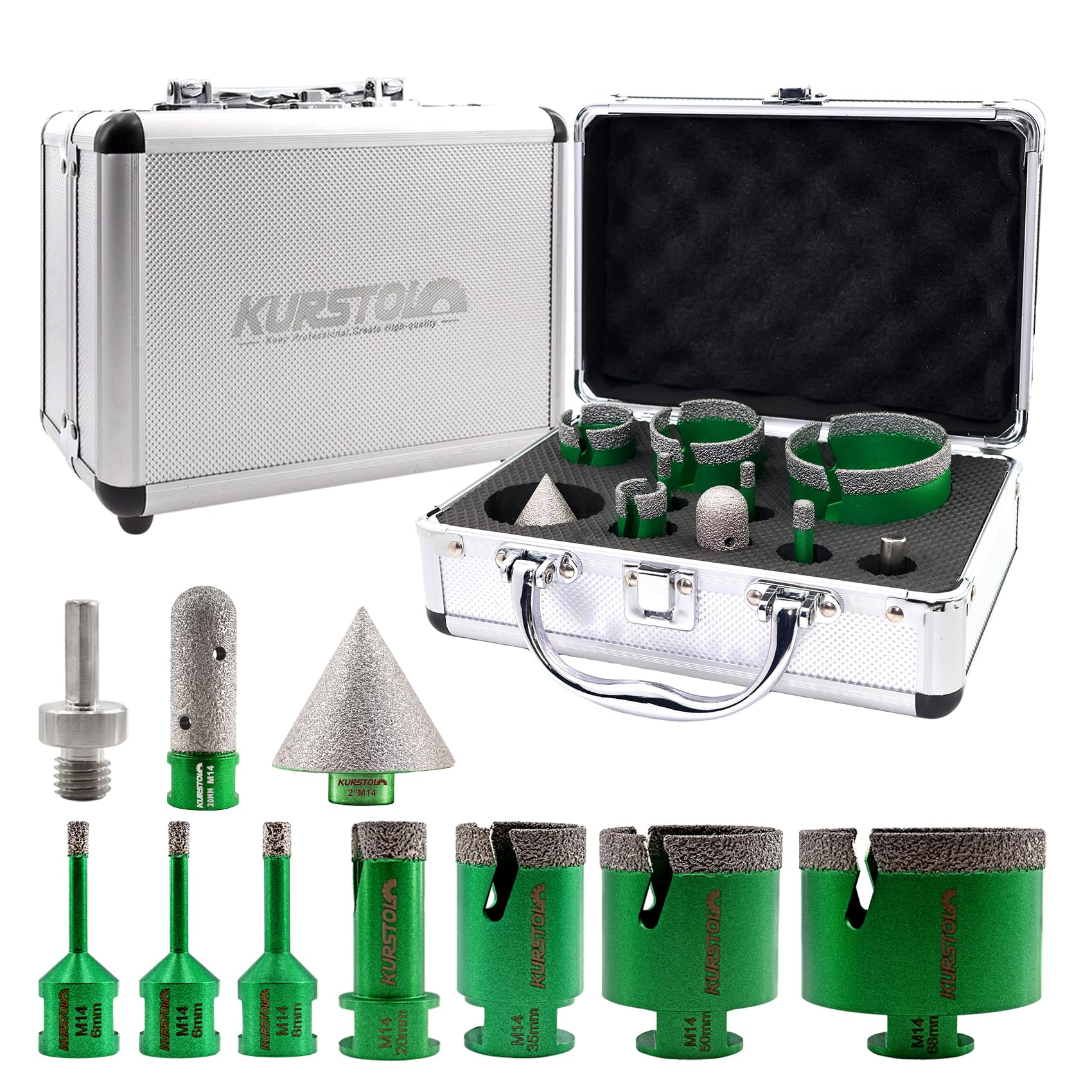 KURSTOL Tile Hole Saw Kit - Diamond Core Drill Bits 6/6/8/20/35/50/68MM+20MM Finger Milling Bit+50MM Beveling Chamfer Bit +Triangle Adapter to M14 thread for Porcelain Ceramic Tile Granite Marble