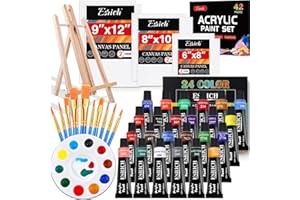 ESRICH Acrylic Paint Canvas Set, 42 Piece Professional Premium Paint Kit with 1 Wood Easel, 24Colors, 10 Brushes, 6 Canvases, Painting Supplies Kit Artists and Beginner