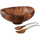 nambe Butterfly Acacia Wood Salad Bowl with 2 Salad Servers | Made of Acacia wood and Nambe Alloy | Large Deep Wooden Bowls | Acacia Wood Salad Bowl Set | Designed by Sean O’hara (16-in)