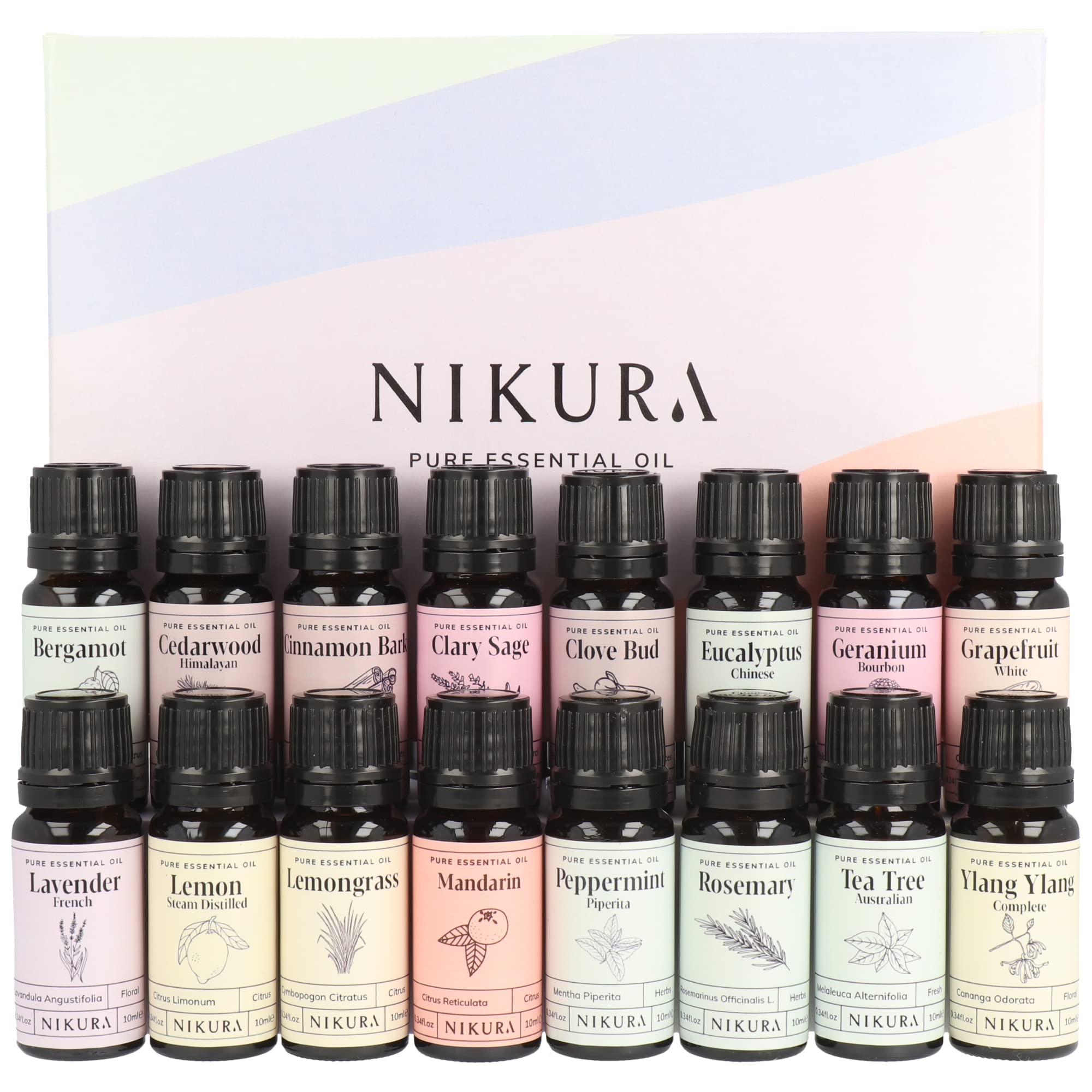 Nikura Selection of Essential Oils Gift Set - 16 x 10ml | Essential Oils for Diffuser for Home, Aromatherapy, Sleep, Cleaning, Rosemary Oil for Hair Growth | Cinnamon, Lavender, Lemon, Ylang Ylang