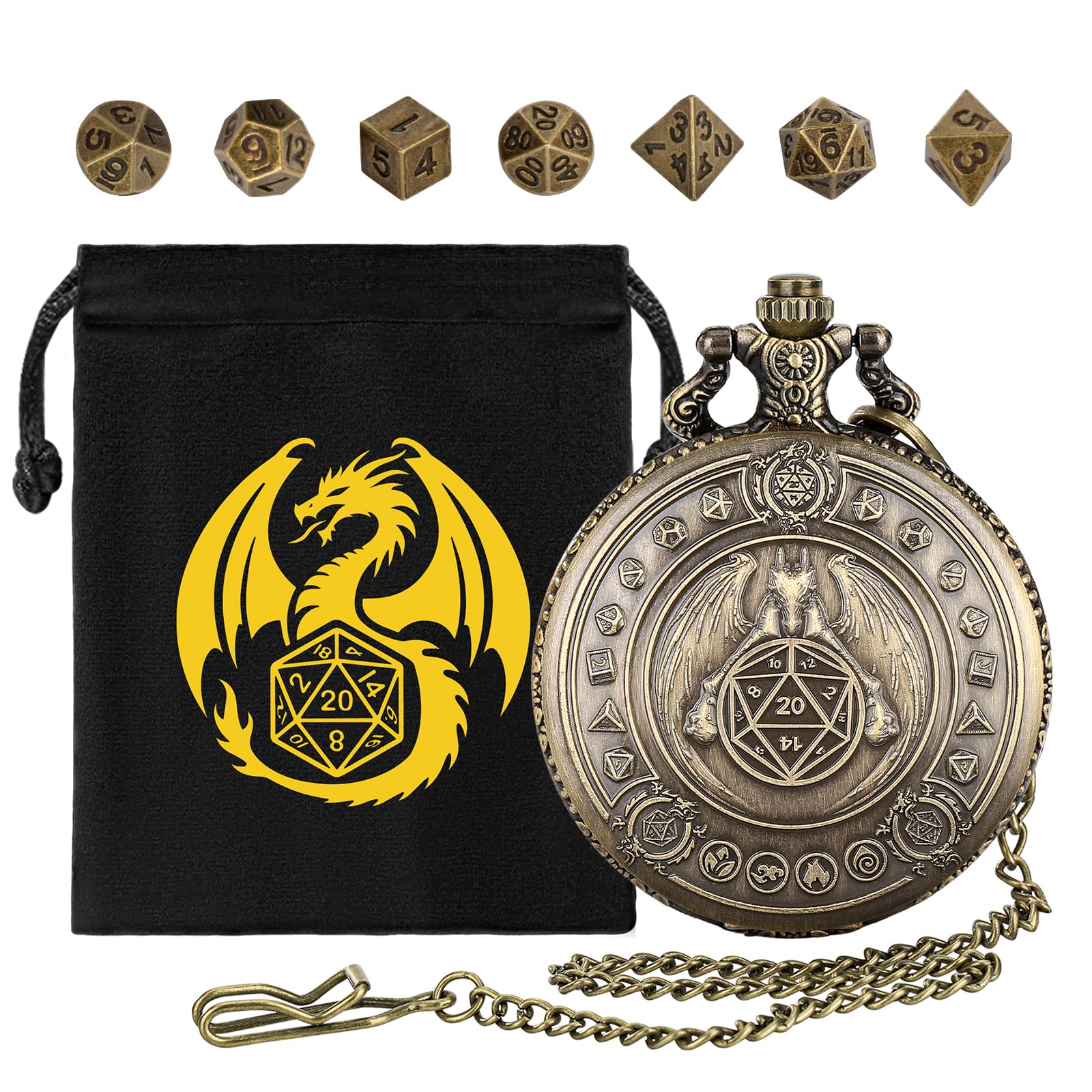 Mini DND Dice Set with Flying Dragon Holding Dice Pocket Watch Shell Case, 7pcs Polyhedral Metal Dice Set, D&D Starter Set, DND Gifts with Gift Bag, Role Playing Board Games Accessories, Bronze — image 1