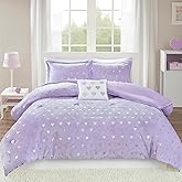 Intelligent Design Twin Comforter Set, 3 Piece Metallic Hearts Cozy Bedroom Set for Girls, Twin Bed Set Soft & Plush Comforter, All Season Fluffy Bedding Set, Rosalie, Twin/Twin XL, Purple Silver