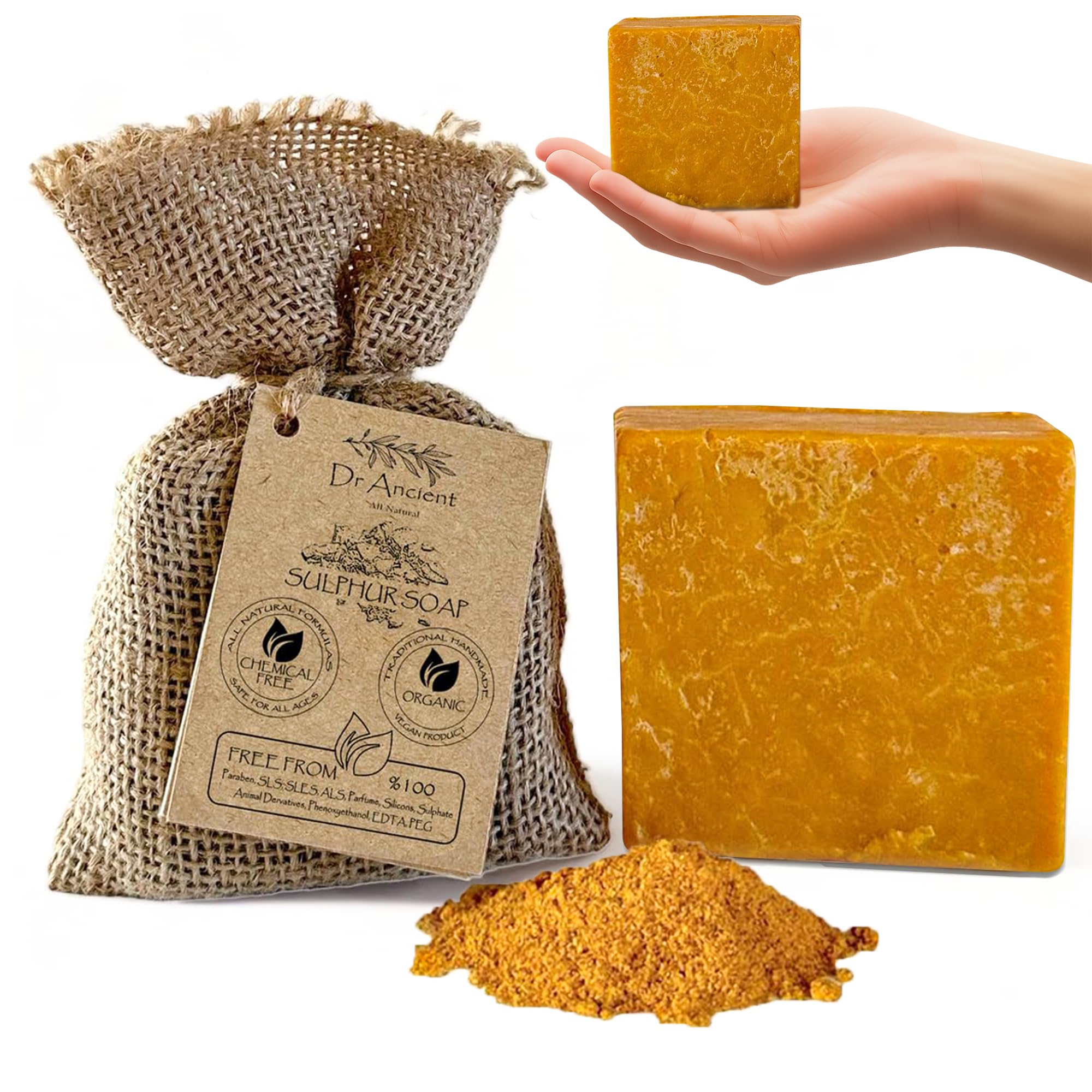 Dr.Ancient Sulfur Soap Bar, Organic Soap Bars Handcrafted the Traditional Way, Natural Chemical-Free, Vegan, Used for Face Wash, Body Wash, Daily Skincare Routine