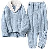 Faleave Womens Winter Fluffy Pajamas Set Warm Fleece Pants Pullover Plush Sleepwear