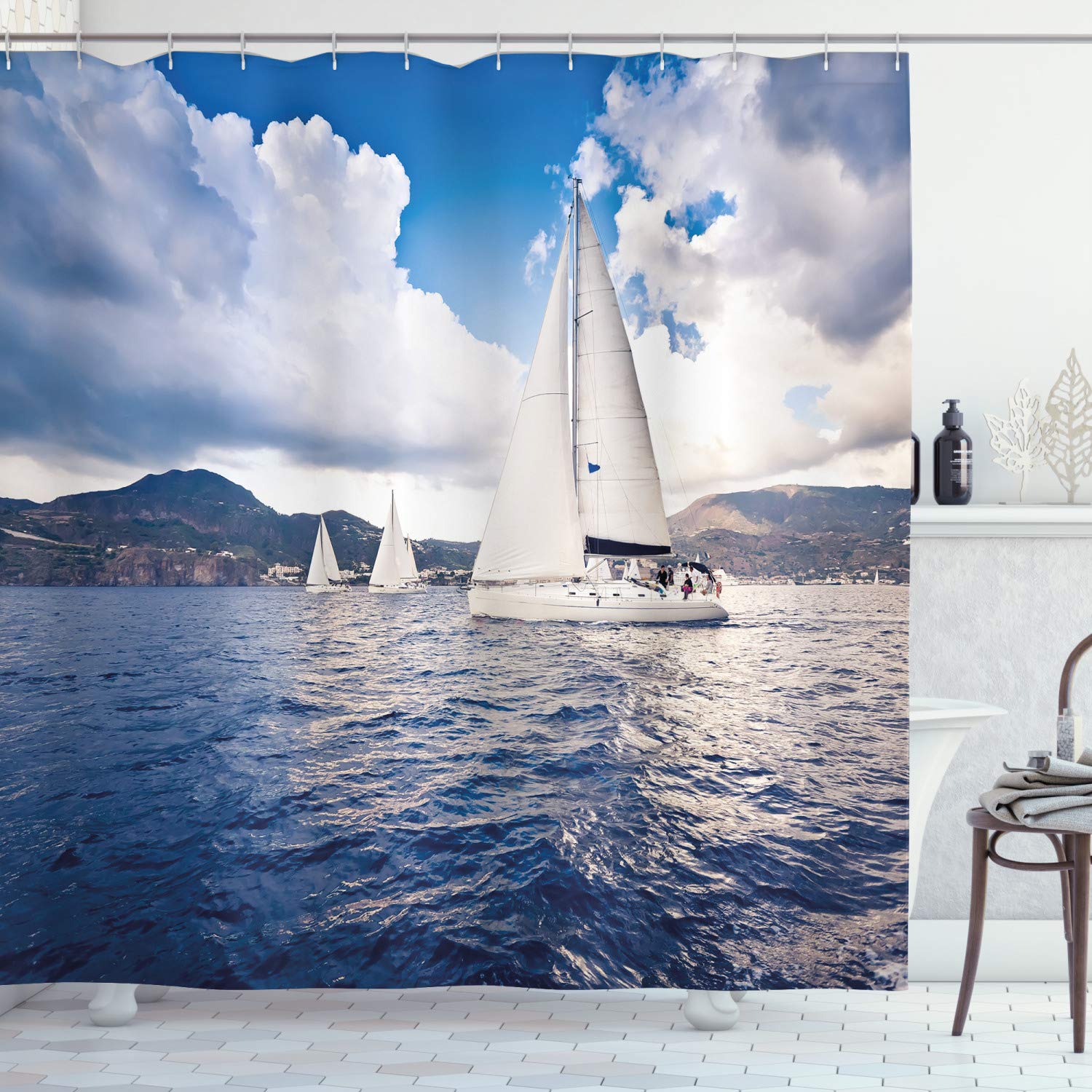 ABAKUHAUS Nautical Shower Curtain, Sailing Boat and Sails on Sea Waves Cloudy Sky Adventure Photo Print, Cloth Fabric Bathroom Decor Set with Hooks, 86 Inches Extra Long, Blue and White