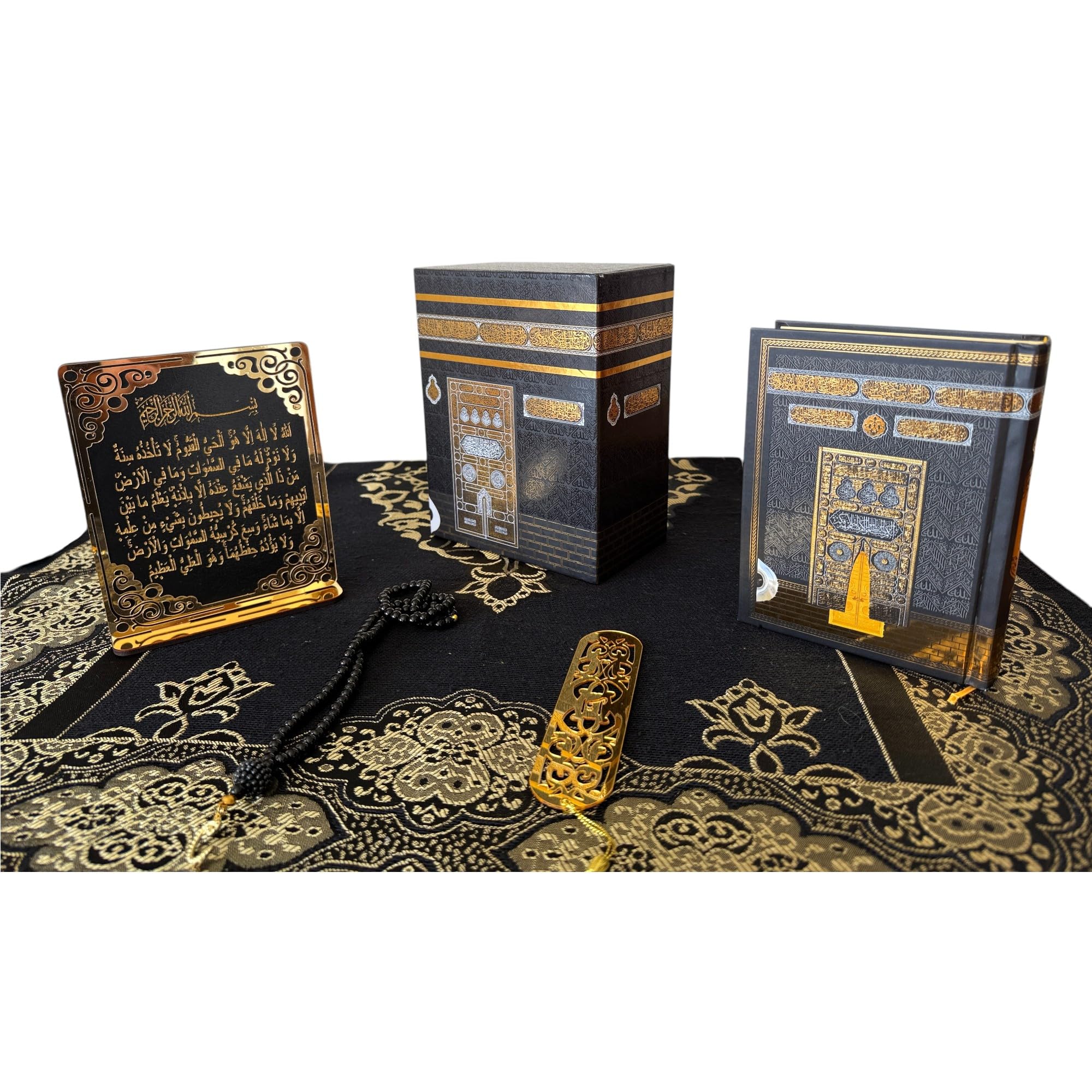 RAMSE Muslim Prayer Rug, Islamic Gift Set, Velvet Full Moshaf, Elegant Kaaba Design Box, Ayat El Kursi Table Top, Prayer Beads, Bookmark, Janamaz, Salah Mat (KAABA)