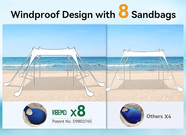VIBEMO BEACH TENT, BEACH CANOPY SUN SHADE WITH UPF50+ UV PROTECTION, 10X10FT, INCLUDES 8 SANDBAGS, SAND SHOVEL, GROUND PEGS & 4 STABILITY POLES, POP UP SUN SHELTER FOR CAMPING, PICNICS, BACKYARD FUN