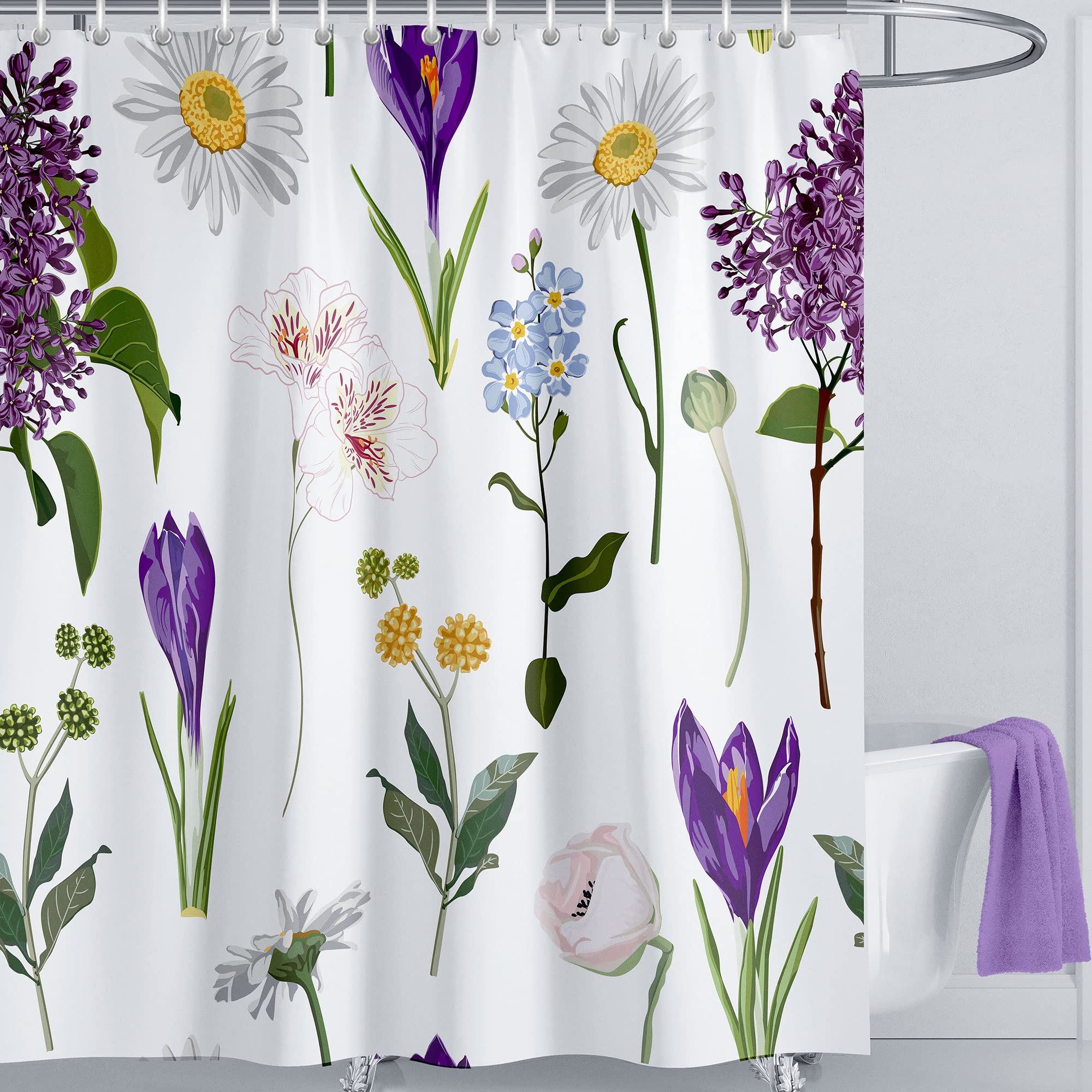 LIVETTY Shower Curtain Floral 180 x 180 cm Purple Boho Bathroom Curtains Waterproof Polyester Fabric Bath Curtain Plants Shower Curtains with 12 Hooks — image 1