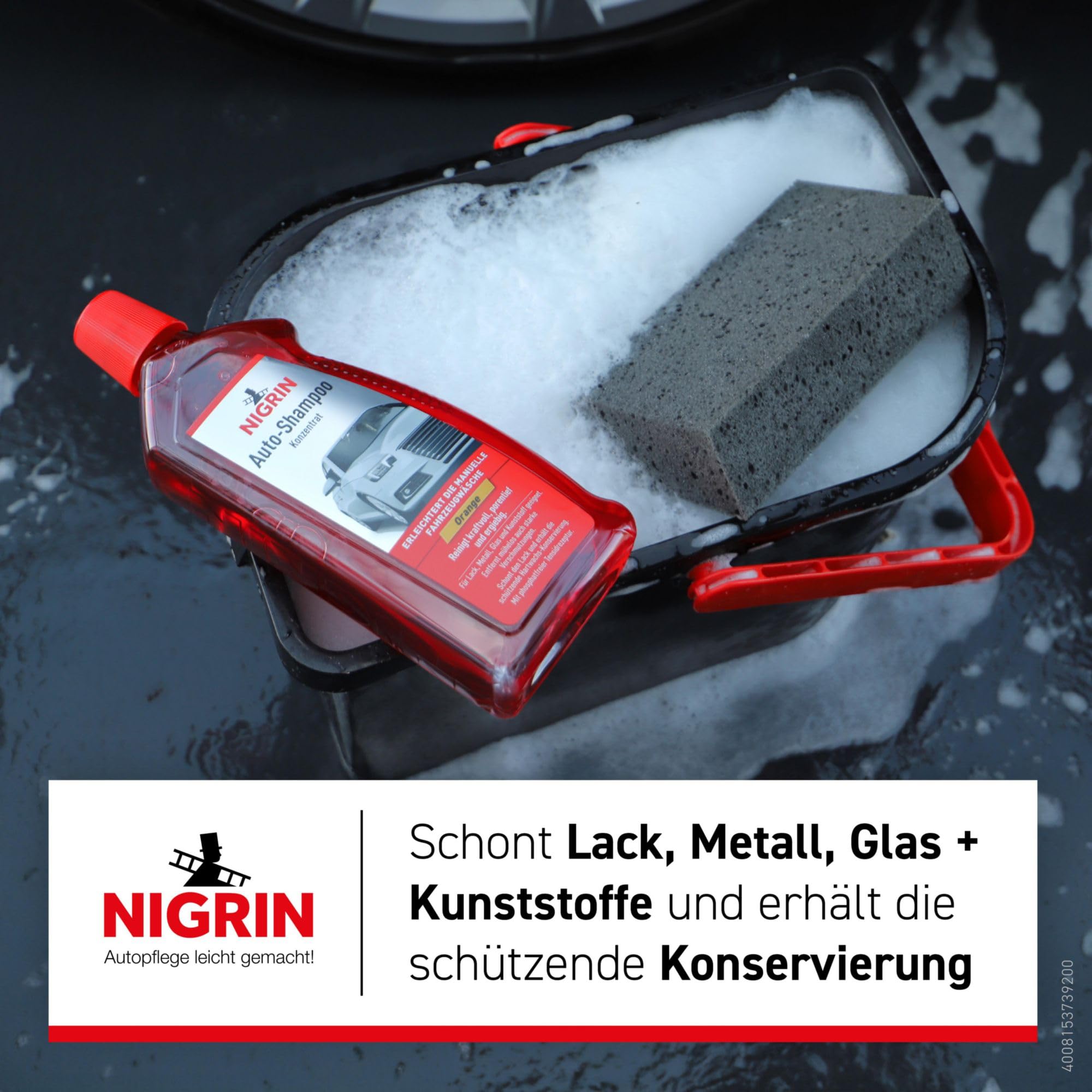NIGRIN Autoshampoo Konzentrat, 1 Liter, entfernt auch starke Verschmutzungen, schont Lack- und Kunststoffoberflächen, mit Orangen-Duft, Orange 2