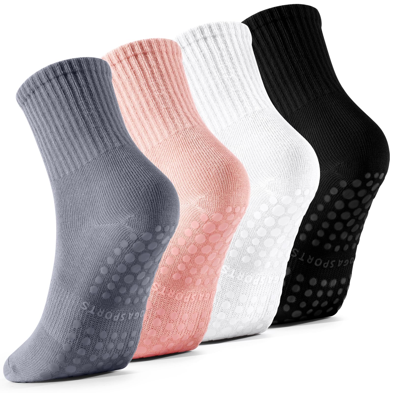 Photo 1 of Haoteey 4 Pairs Pilates Socks with Grips for Women, Barre Yoga Grippy Socks, Womens Non Slip Pilates Crew Sticky Socks