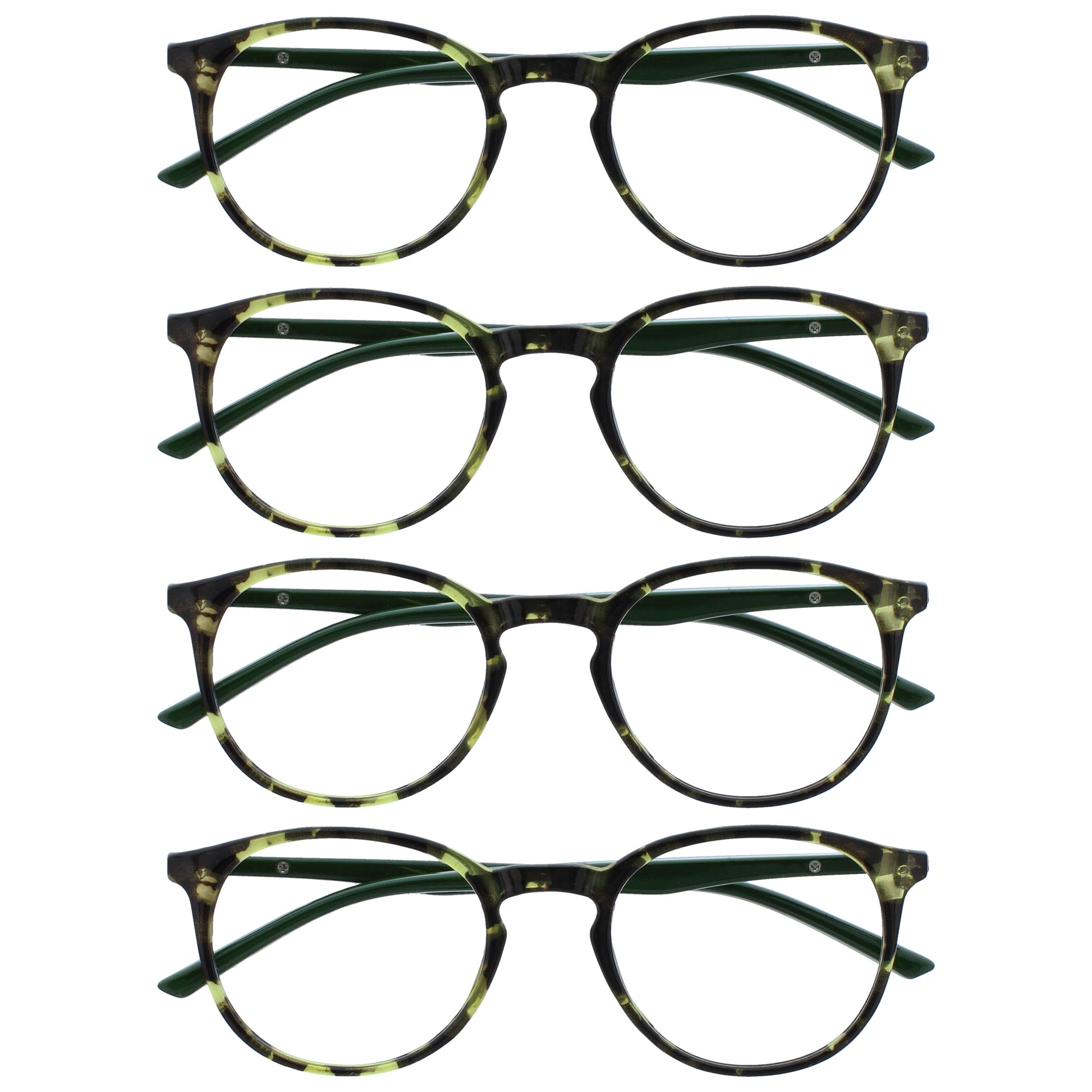 OPULIZE MET Reading Glasses for Women Men, Slim Round Frame with Spring Hinges and Scratch Resistant, Green +0 (Pack of 4)