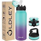 Oldley Insulated Water Bottle 20oz Water Bottles with Straw, Stainless Steel Water Bottle with 3 Lids, Double Wall Vacuum Bottels for Adult Kids,Leak-Proof Sport Bottles for School Travel,Green Purple
