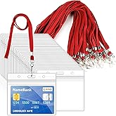 30Pcs Clear Plastic Horizontal Name Tags Badge ID Card Holders and 30Pcs Red Flat Neck Lanyards with Swivel Hook