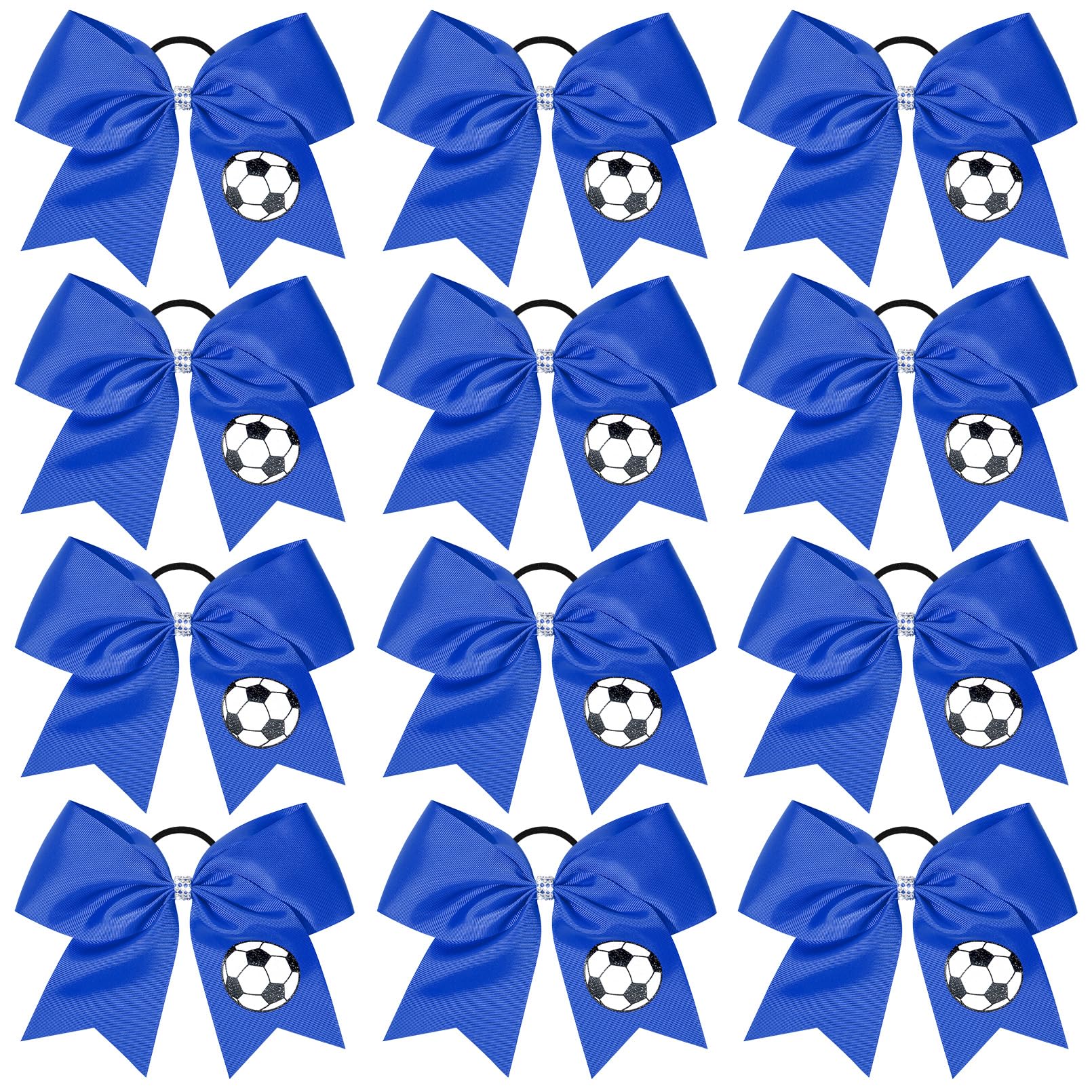 Photo 1 of 12PCS Soccer Bows 8" Soccer Cheer Bow Large Girls Hair Bows Cheerleading Bows Bulk Elastic Band Ponytail Holder for Teen College Football Competition-Blue
