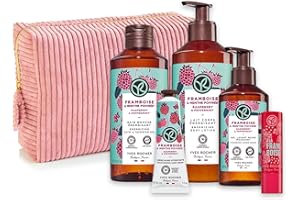YVES ROCHER Raspberry Self Care Body Gift Set - Body Lotion, Shower Gel, Hand Cream, Hand Soap, Lip Balm, Free Pouch - Bain N