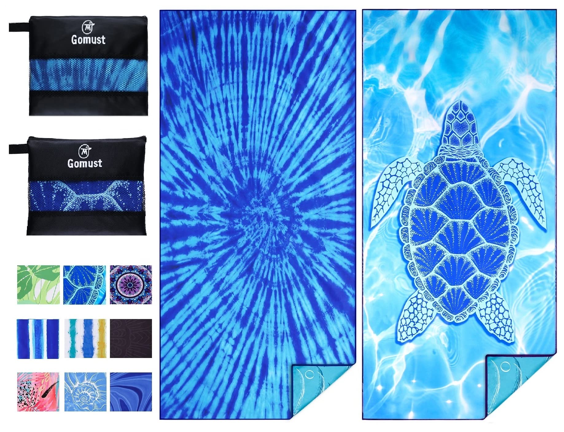Photo 1 of 2 Pack Lightweight Thin Beach Towel Oversized 71"x32" Big Extra Large Microfiber Sand Free Towels for Adult Quick Dry Travel Camping Beach Accessories Vacation Essential Gift Blue Tie Dye Turtle