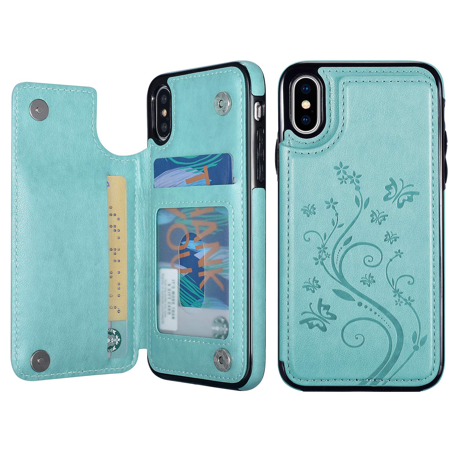 UEEBAI Case for iPhone XS Max,Luxury PU Leather Case [Two Magnetic Clasp] [Card Slots] Stand Function Butterfly Flower Pattern Durable Soft TPU Shockproof Wallet Cover for iPhone XS Max - Mint Green — image 1