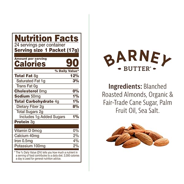 BARNEY BUTTER ALMOND BUTTER SNACK PACKS, SMOOTH, 0.6 OUNCE (PACK OF 24), SKIN-FREE ALMONDS, NON-GMO, GLUTEN FREE, KETO, PALEO, VEGAN