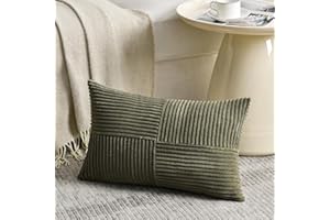 Fancy Homi Olive Green Lumbar Decorative Throw Pillow Covers 12x20 Inch for Living Room Couch Bed, Farmhouse Boho Home Decor, Soft Striped Corduroy Rectangle Accent Cushion Case 30x50 cm