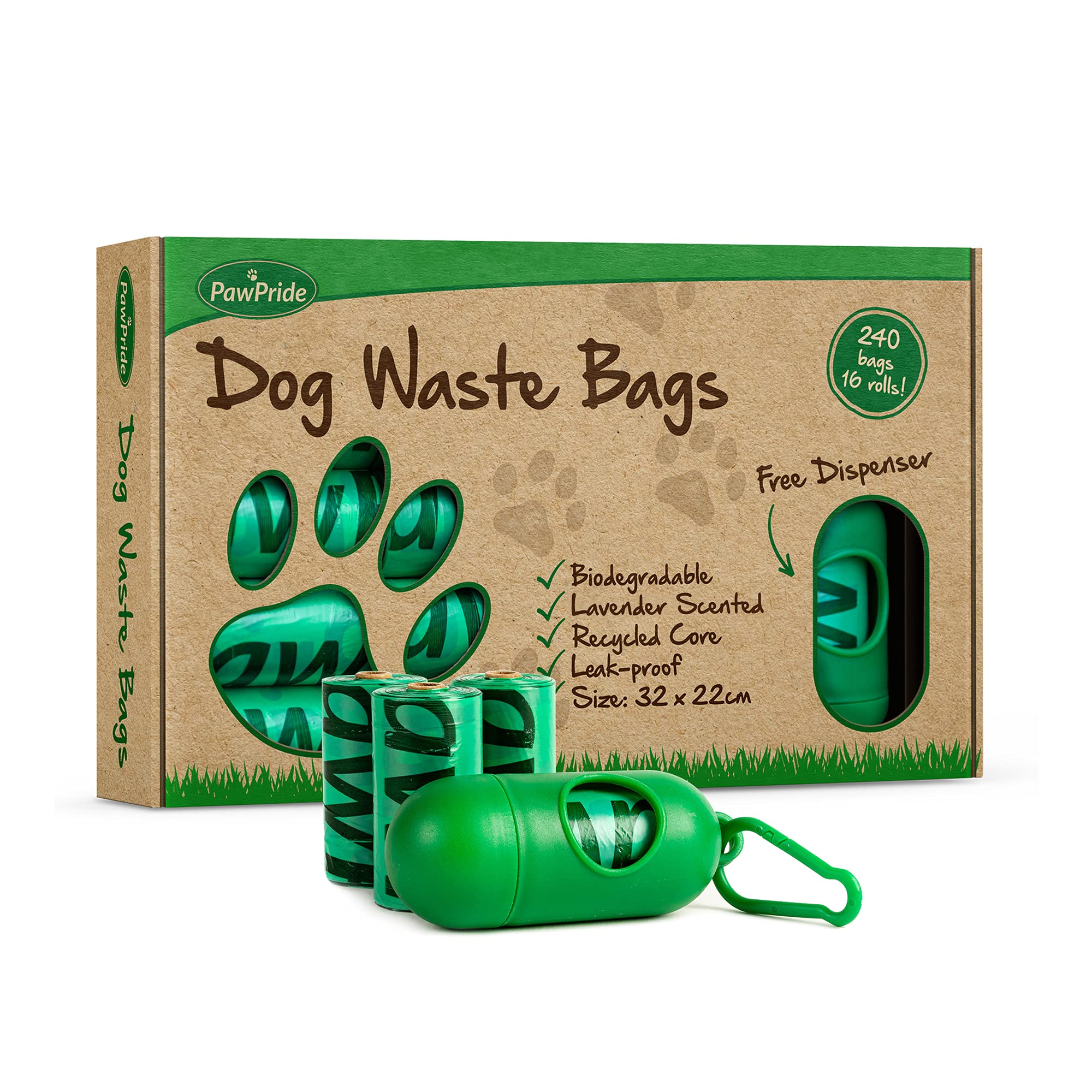 PawPride Dog Poo Bags - Pack of 240 Strong Biodegradable Waste Bags - 16 Rolls of Leak Proof Scented Dog Waste Bags with Clip-on Lead Dispenser (Lavender)
